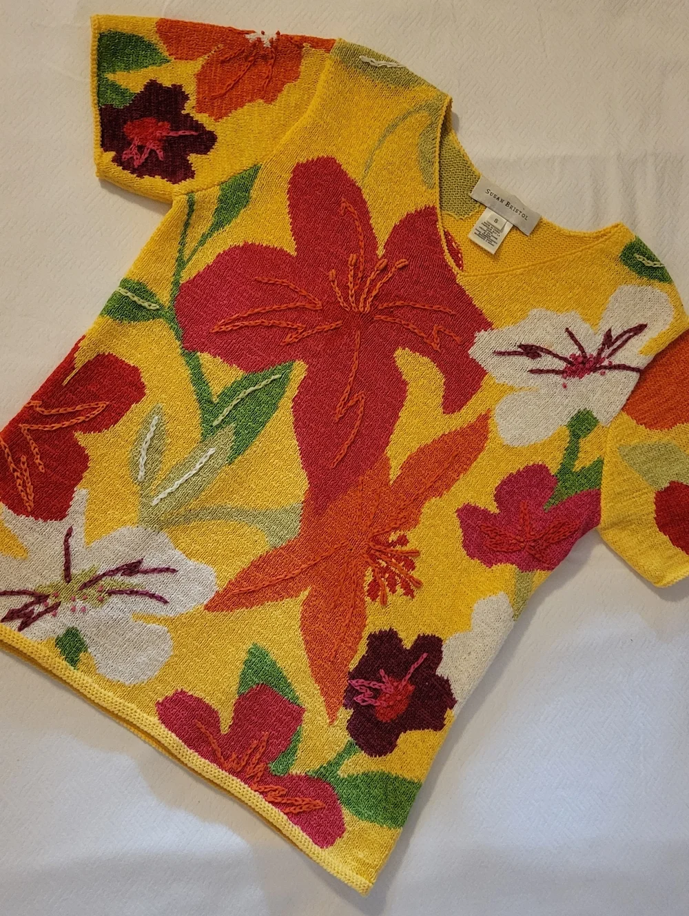 Susan Bristol Yellow Floral Short-Sleeve Crewneck Sweater